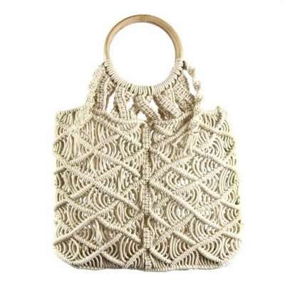 Global Crafts Macrame Bag with Round Wood Handle