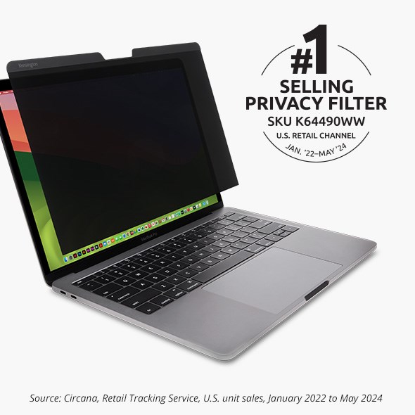 Privacy Screen Filter over a Laptop with a badge that says #1 Selling Privacy Filter SKU: K64490WW (U.S. Retail Channel)