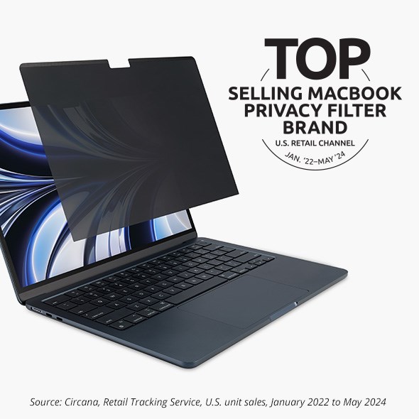 Privacy Screen Filter over a Laptop with a badge that says TOP Selling Macbook Privacy Filter (U.S. Retail Channel)