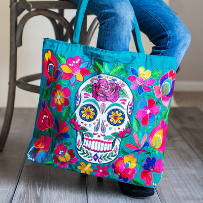 Lucia's Imports Sugar Skull Embroidered Tote Bag
