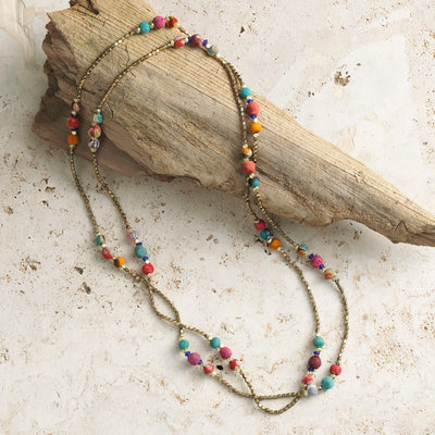 Serrv Long Sari Bead & Brass Necklace