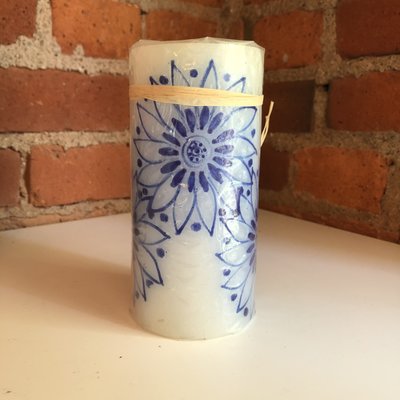 Thumbprint Artifacts Henna Blue on White Pillar Candle 3x6