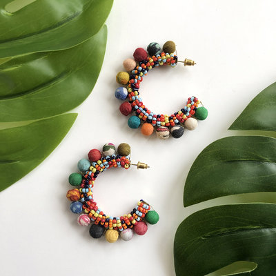 World Finds Confetti Kantha Hoop Earrings