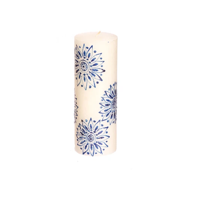 Thumbprint Artifacts Henna Blue on White Pillar Candle 3x8